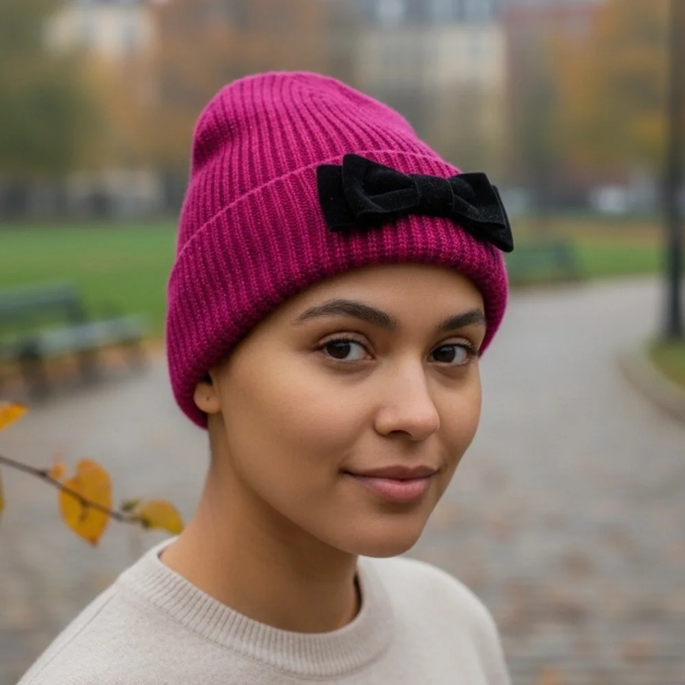 Kate Spade New York Pink Knit Beanie Velvet Bow Cuffed Winter Hat One Size